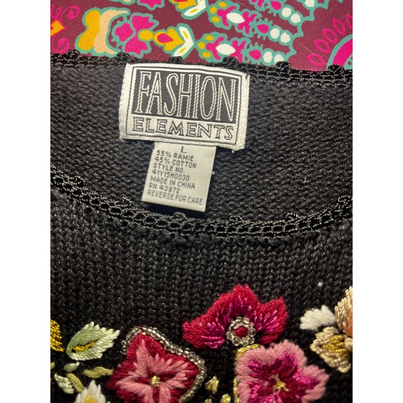 Vintage 90's Fashion Elements Black Floral Embroidered Long Sleeve Sweater Sz LG - Picture 5 of 6